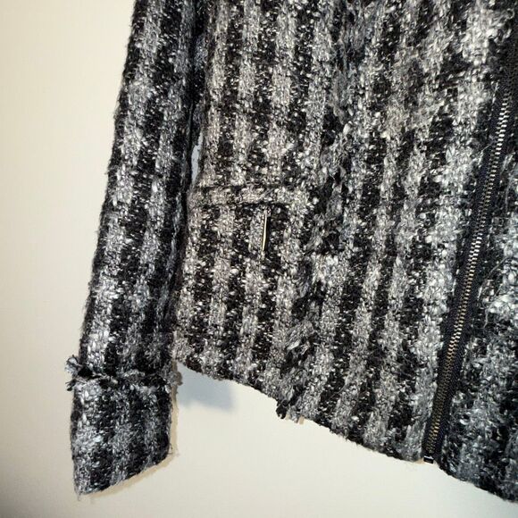 Wool Blend Textured Tweed Jacket Zip Front Black Gray Fringe Trim Women’s 12 – B - Picture 5 of 15
